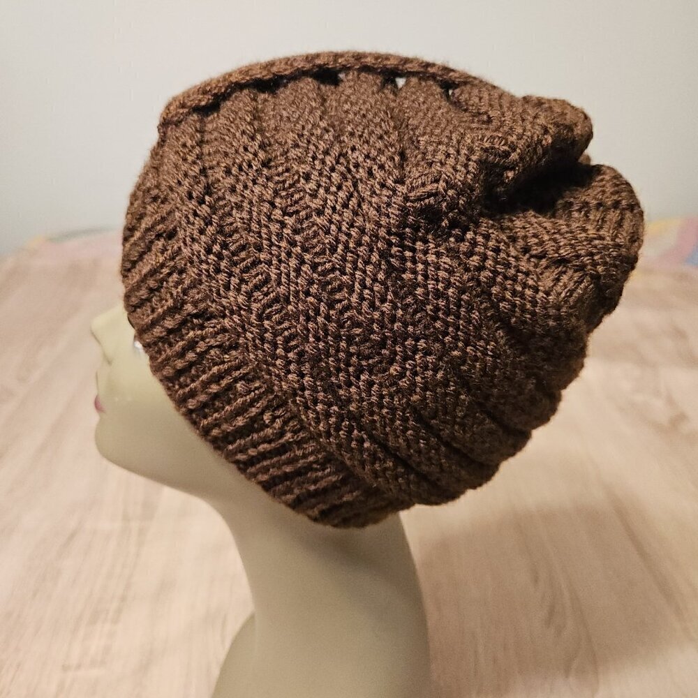 Hand-Made - Knitted Winter Beanie Chocolate Brown Hat - One-Size Warm Womens